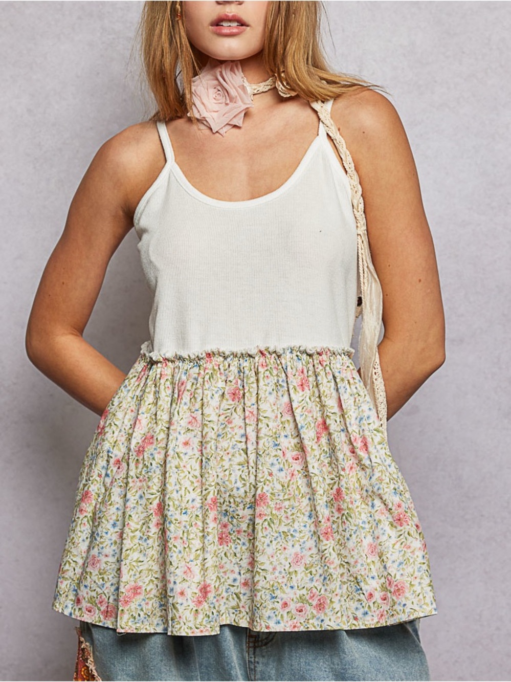 NWT POL Bohemian Cream Floral Babydoll Tunic Tank Top S M L - Picture 2 of 6